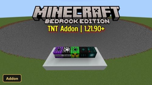 a line of custom TNT blocks on a white platform, grass biome