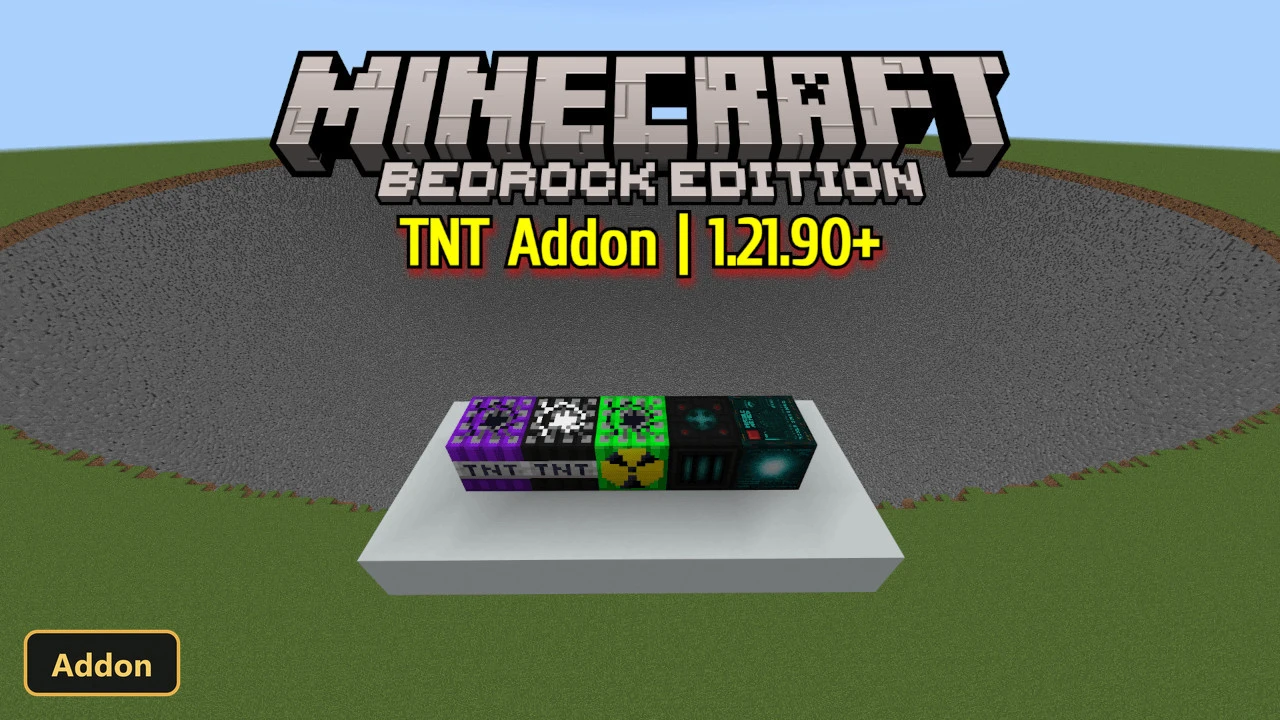 a line of custom TNT blocks on a white platform, grass biome