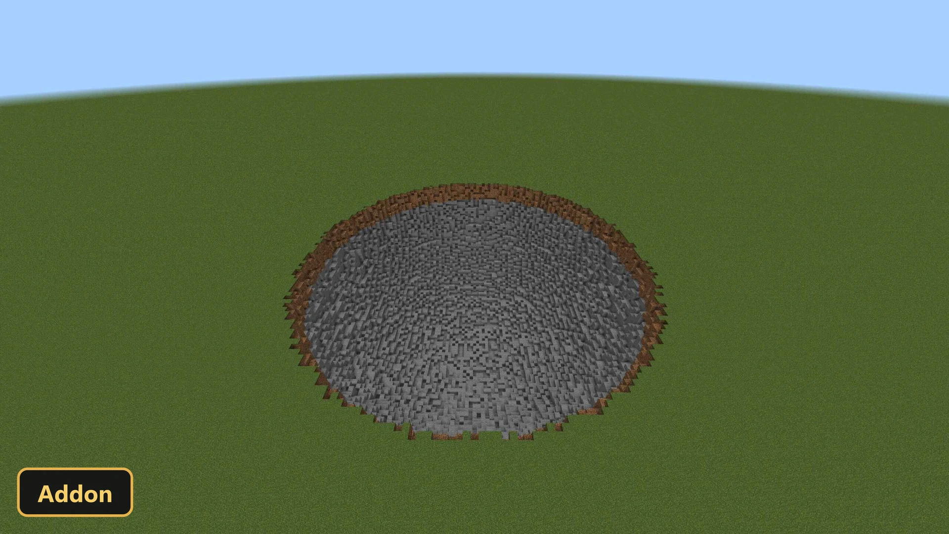 a medium-sized, deep, circular crater in a grassy field, daytime