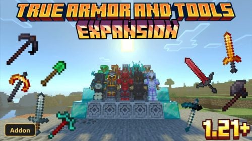 various armor sets and tools displayed on diamond blocks in a sunny field
