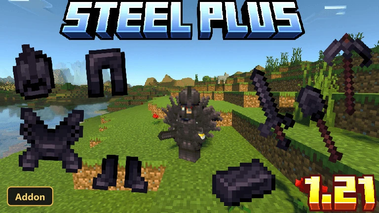 dark steel armor and tools displayed in a grassy field near water