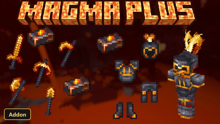 magma-themed armor and tools displayed in a fiery Nether landscape