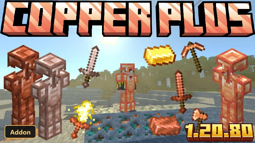 copper armor and tools displayed in a sunny plains biome with birch trees