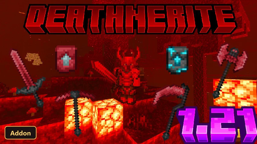red Deathnerite armor and tools displayed in a fiery Nether forest