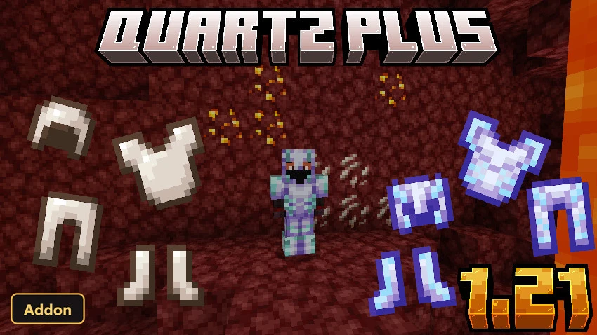 Quartz armor and tools displayed in a dark Nether biome with lava