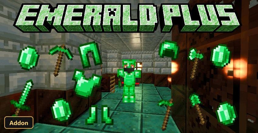 Emerald armor and tools displayed in a dungeon-like structure