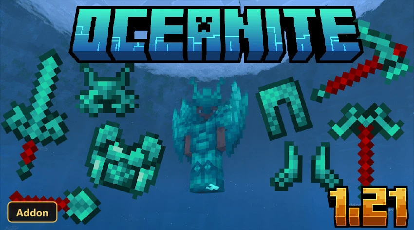 Oceanite armor and tools displayed underwater with ice above