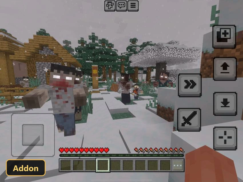 snowy village scene with multiple zombies and pine trees
