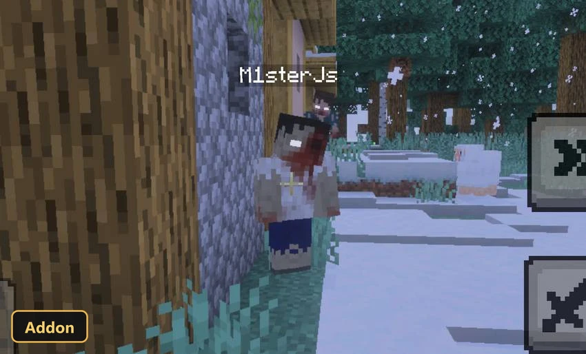 snowy village with a zombie by a wooden house