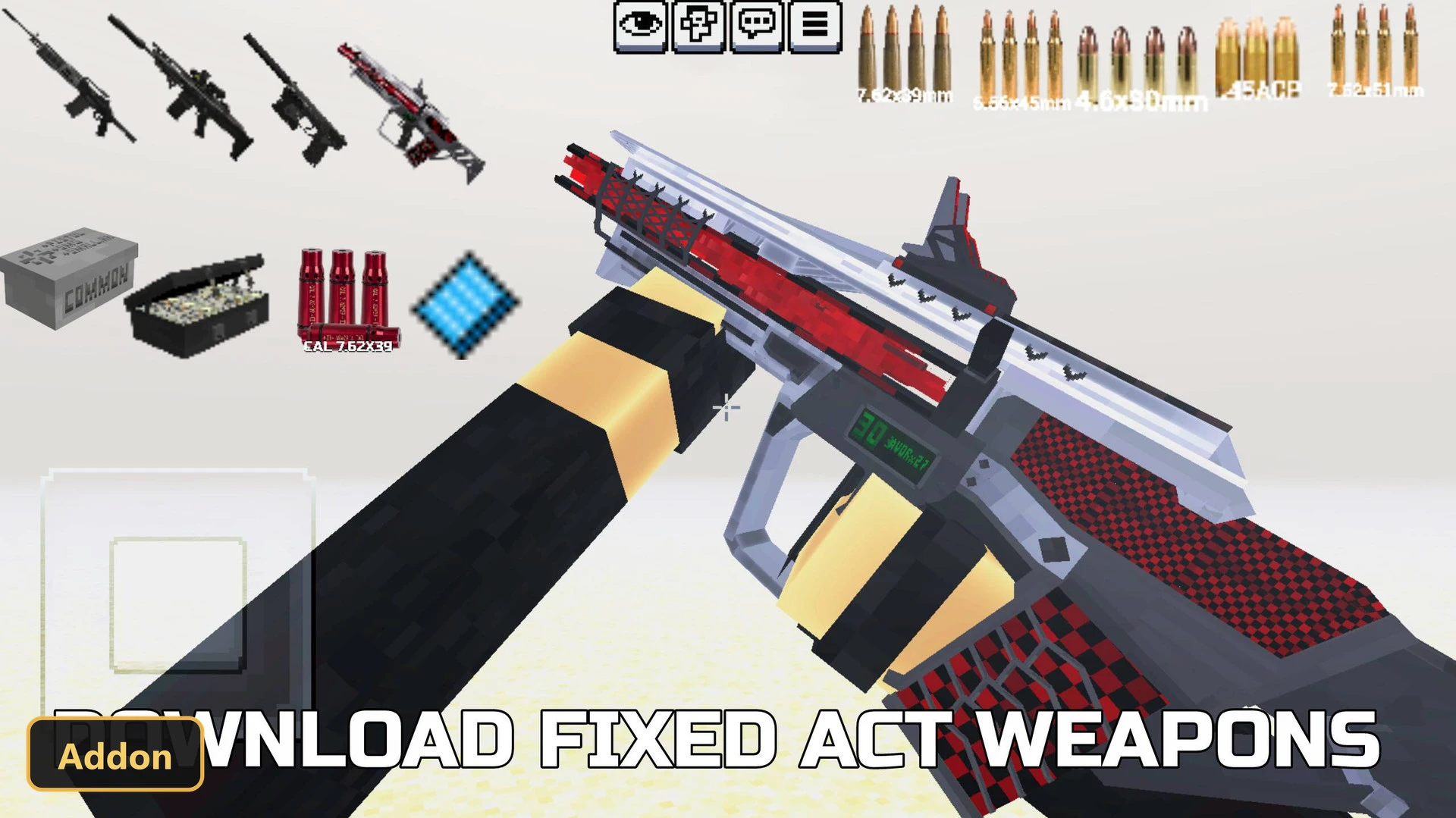 first-person view of a futuristic rifle, various weapons and ammo