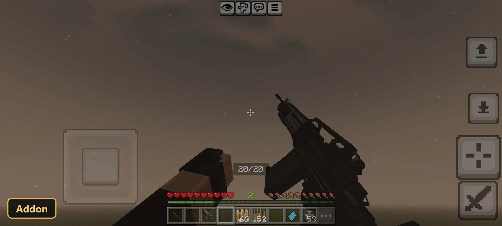 first-person view of a rifle, dark cloudy sky, flat world