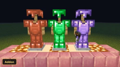 three armor stands with custom-textured armor, on glowing blocks