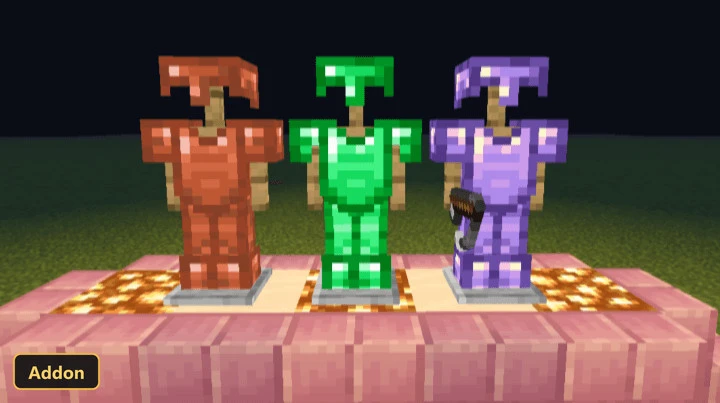 three armor stands with custom-textured armor, on glowing blocks