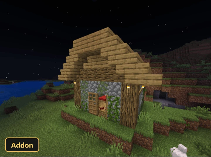 small, rustic house with mossy cobblestone and wooden planks at night