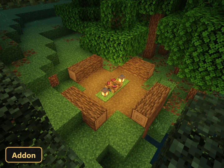 campfire setup with logs and lanterns in a dense forest