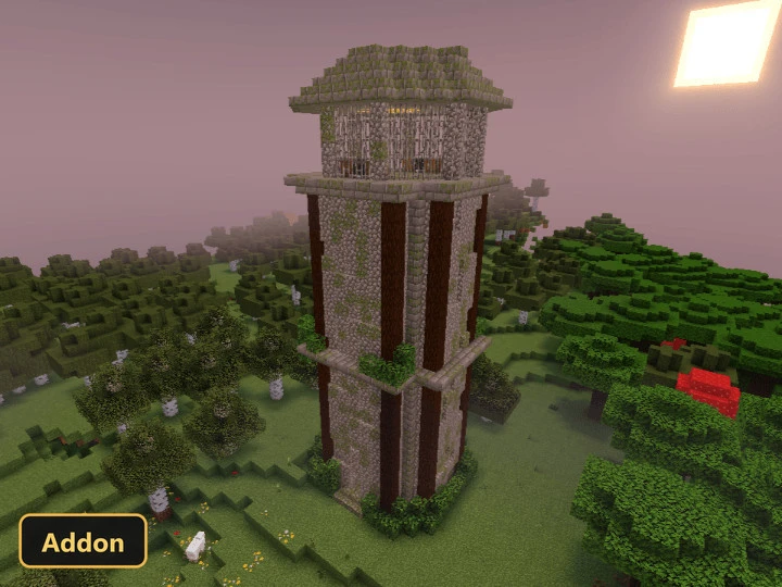 tall, medieval-style stone tower with wooden accents under a hazy sky
