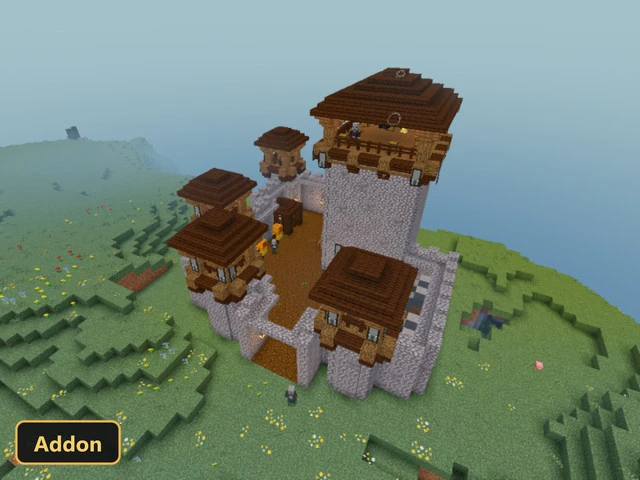 large stone castle with wooden roofs and multiple towers in a field
