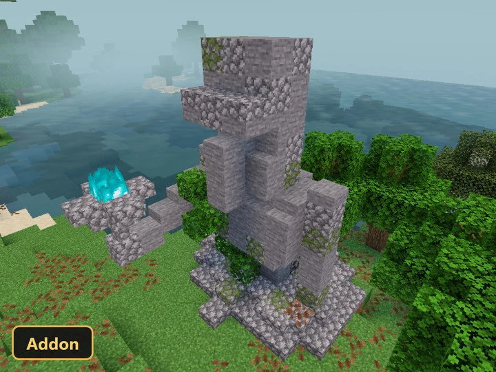 stone ruins with moss and a glowing blue crystal near a lake