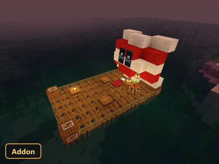 small pirate ship with red and white striped cabin on dark water