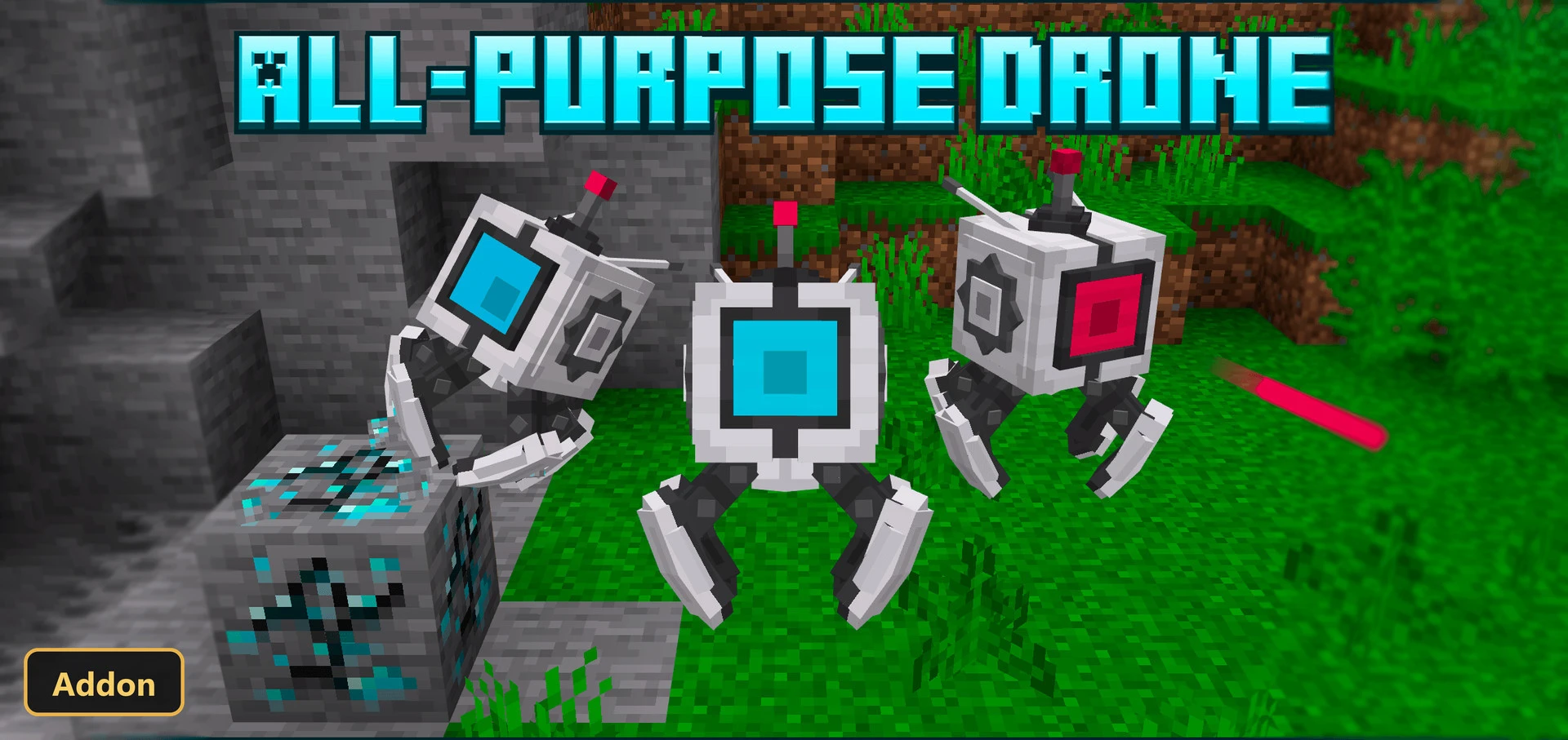 Three drones on grass and stone, one mining diamond ore