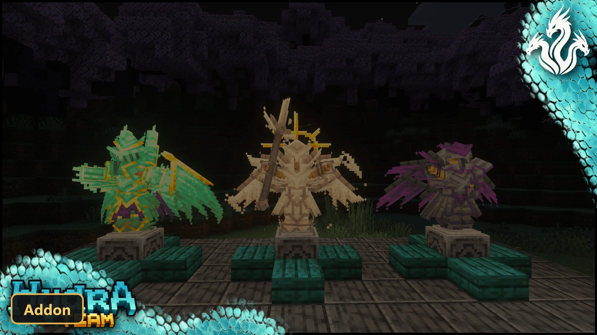 three ornate armor stands in a dark, mystical forest