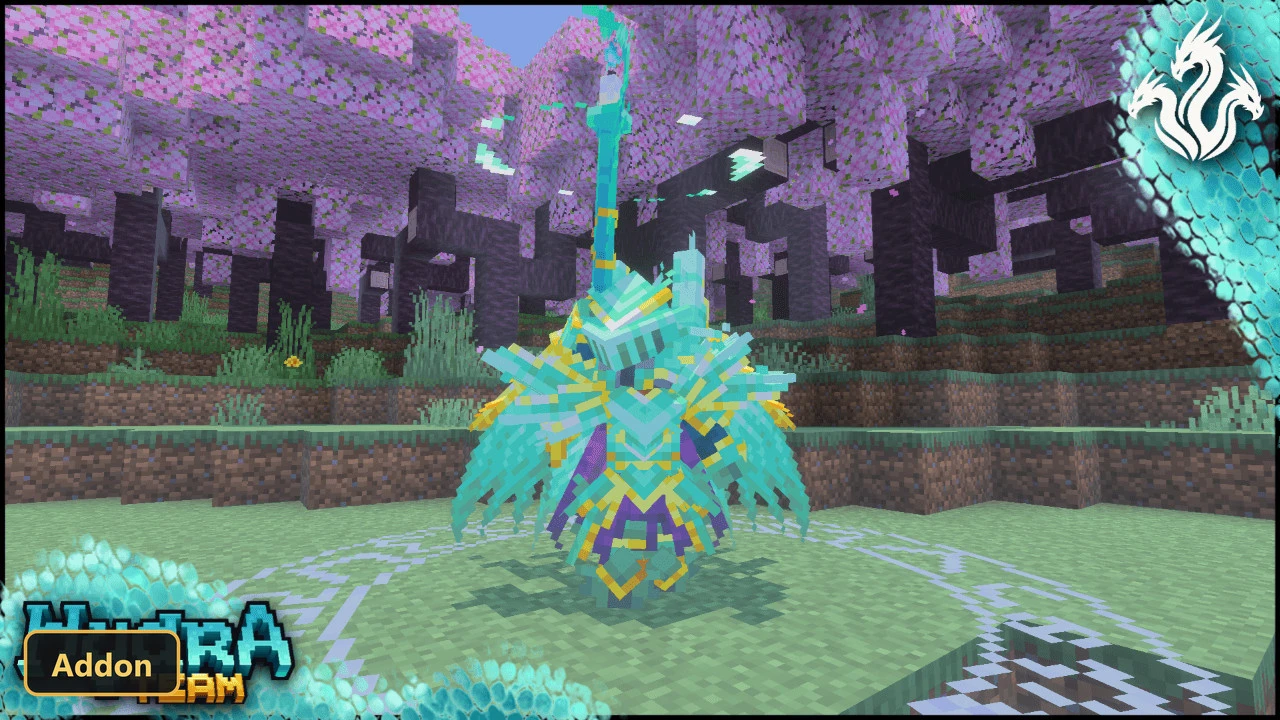 player character in winged teal armor under pink blossom trees