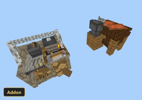 custom crafting blocks, a grill, and an anvil against blue sky