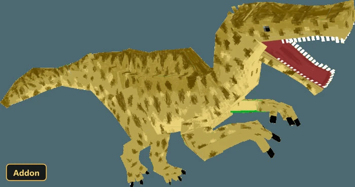 tan dinosaur with open mouth and sharp teeth, against dark teal background