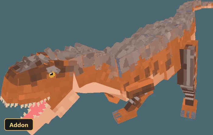orange dinosaur with grey back and open mouth, against dark teal background