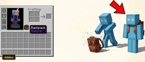 blue player character dropping a brown backpack, another player watching