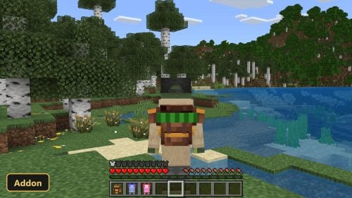 player with backpack by lake in birch forest