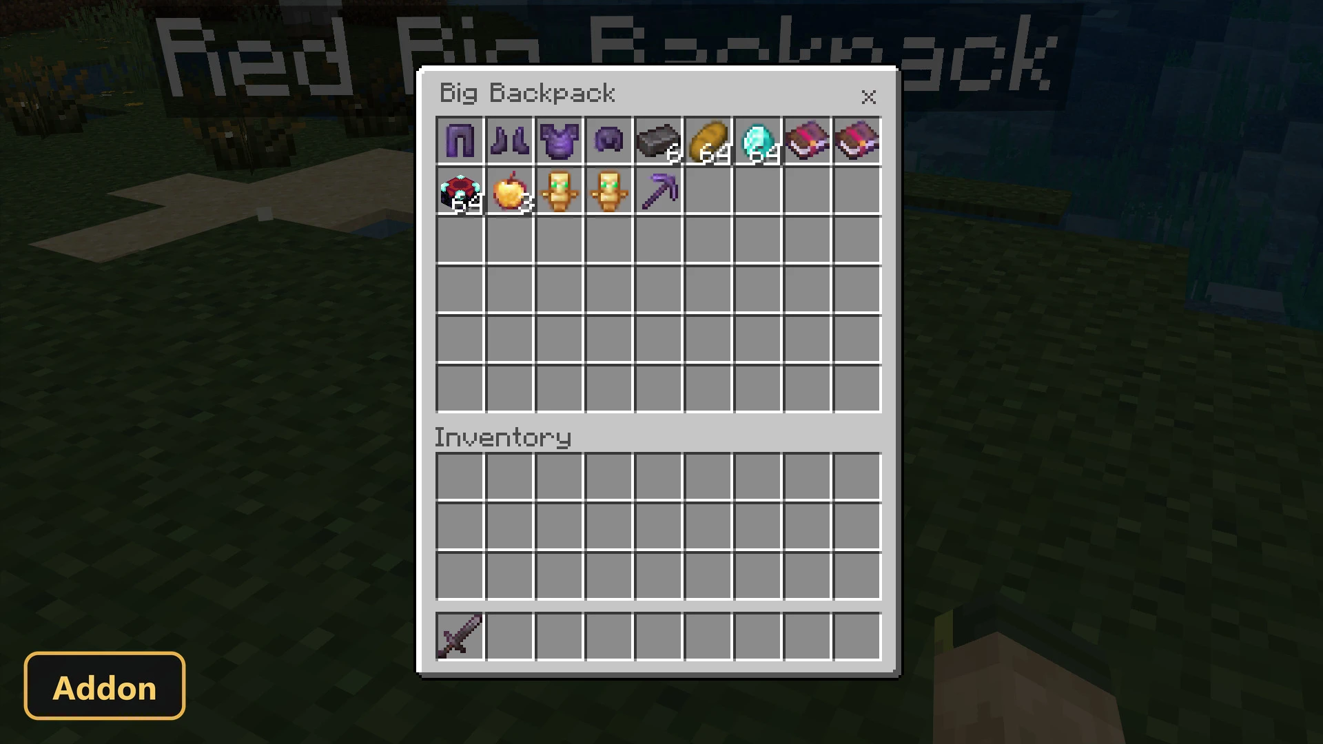 open backpack inventory with various items