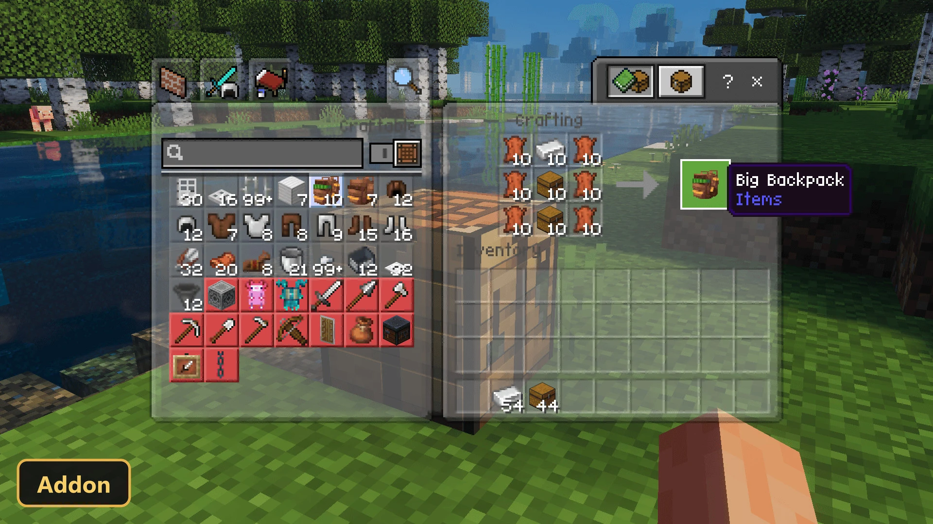crafting interface showing backpack items