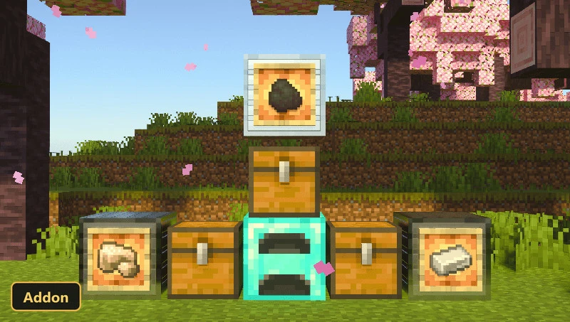diamond furnace setup with chests, items, and cherry blossom trees