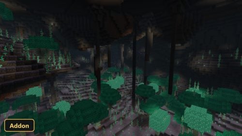 large underground cave with glowing teal flora
