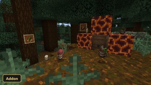 dark forest with custom blocks, paintings, and glowing magma blocks