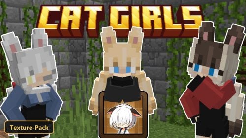 three cat girl skins in front of a stone wall with vines