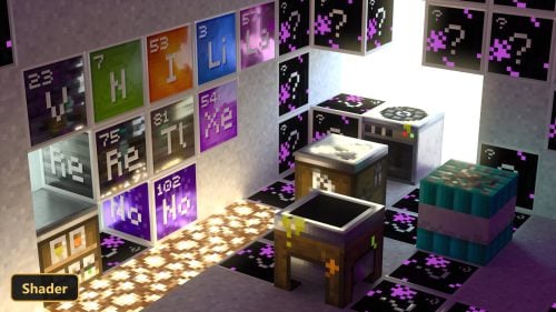 laboratory with periodic table, chemistry equipment, and glowing blocks