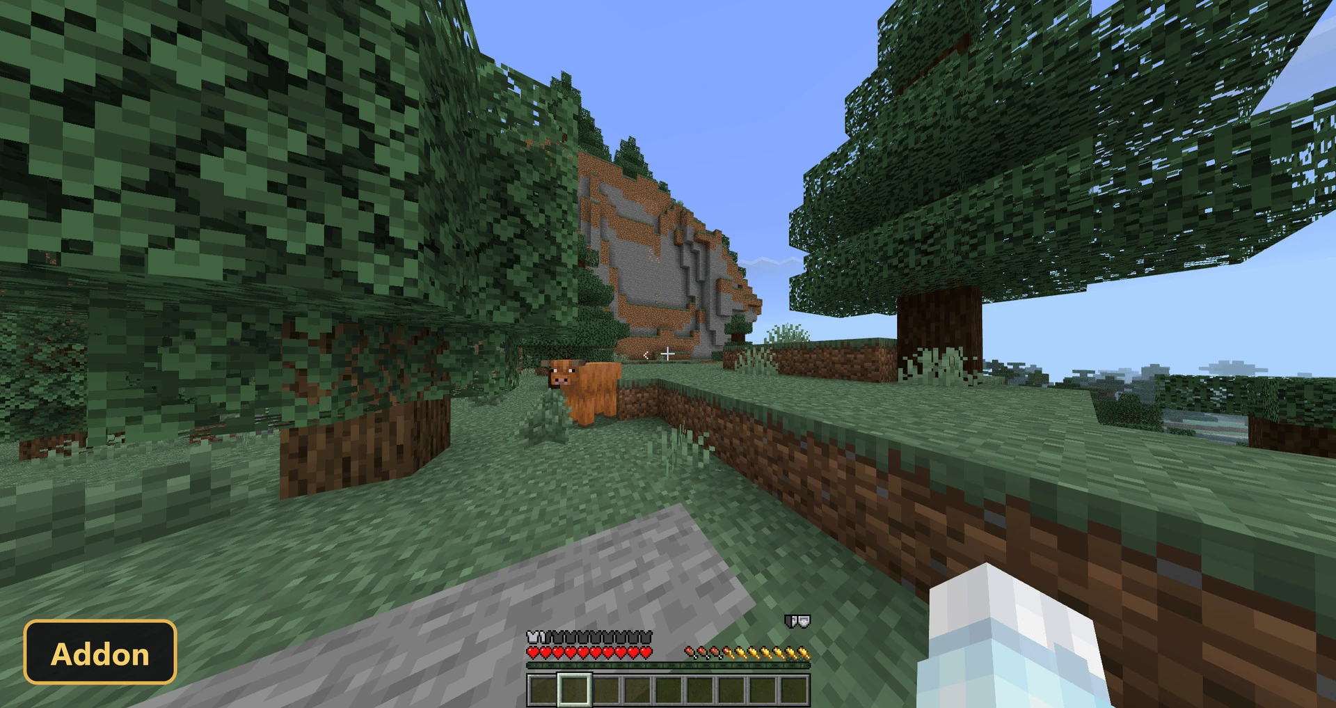 forest edge, fox, tall trees, cliff in background, clear sky