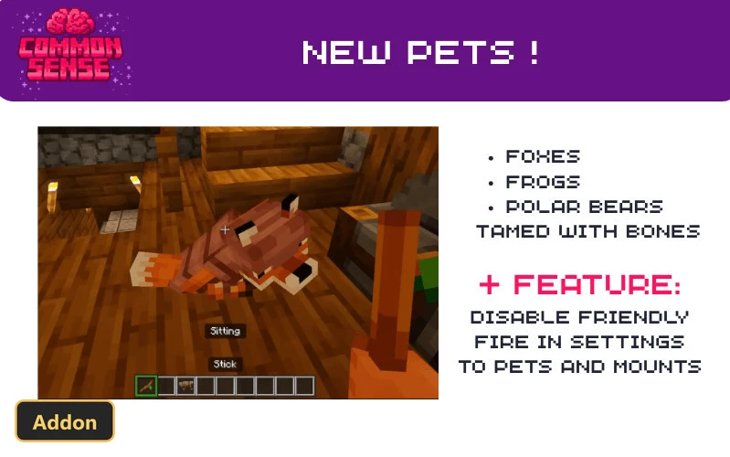 fox pet lying on wooden floor indoors, player holding a stick