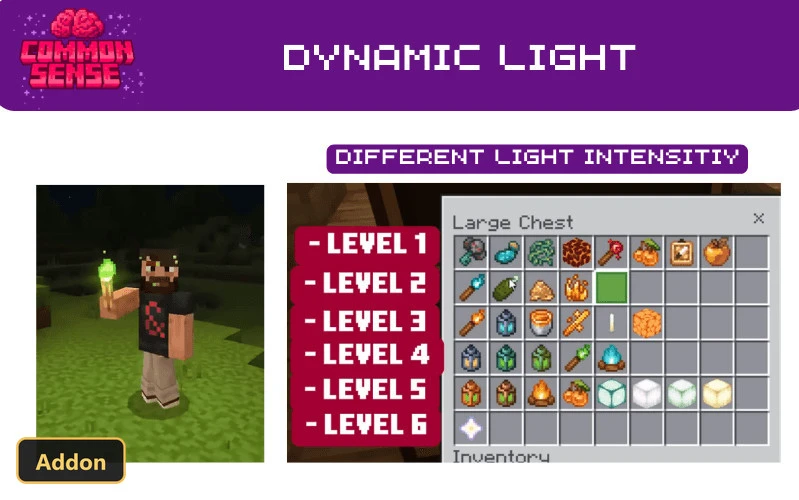 player holding a glowing copper torch, inventory with light sources