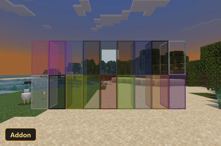 beach scene at sunset with various colored glass blocks and a chicken