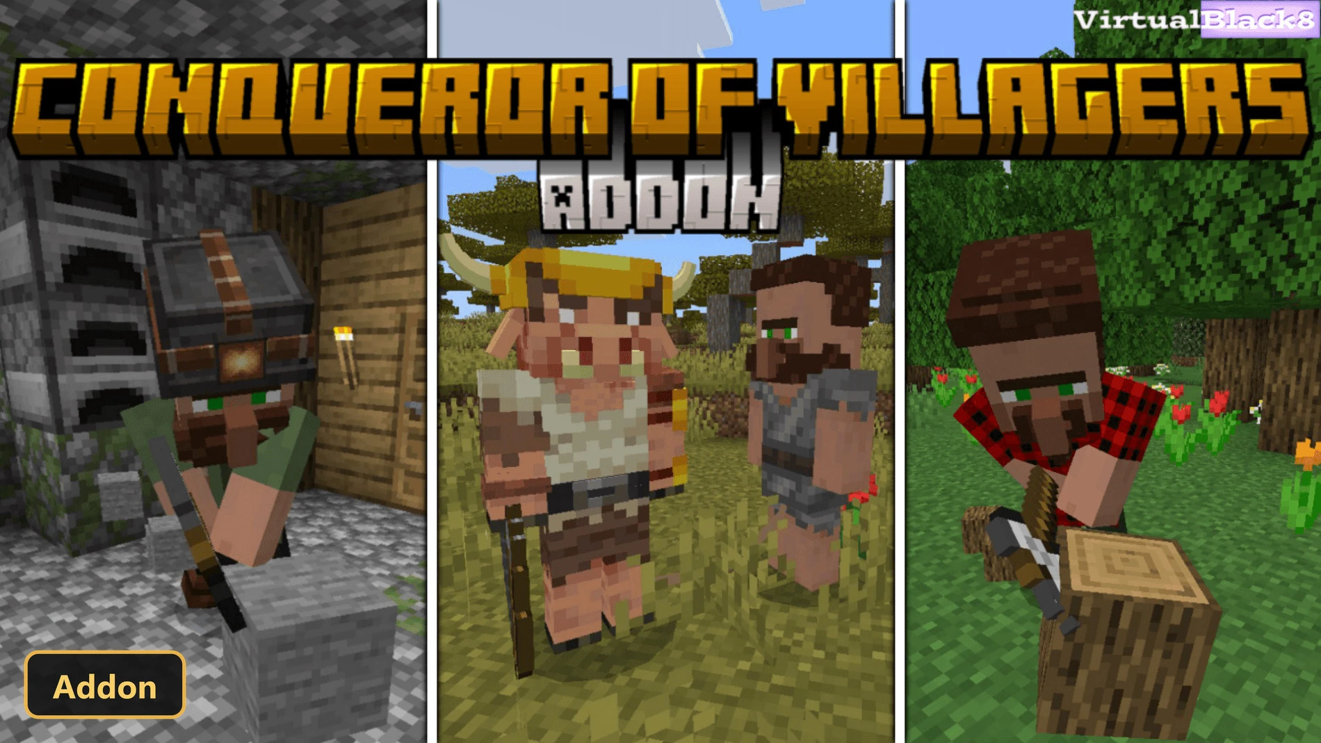 Three villagers in different scenes, one mining, one with a piglin, one chopping wood