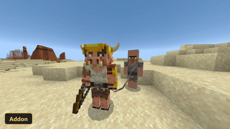 Piglin-like mob with a weapon and a villager in a desert biome