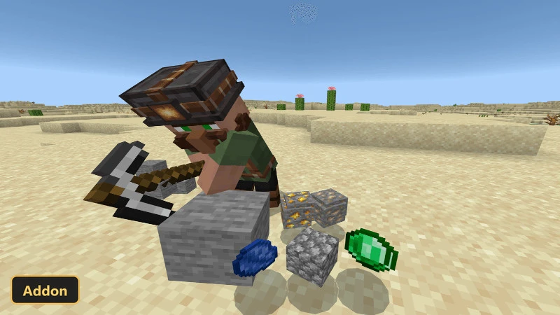 Villager mining various ores in a desert biome, with cacti in background