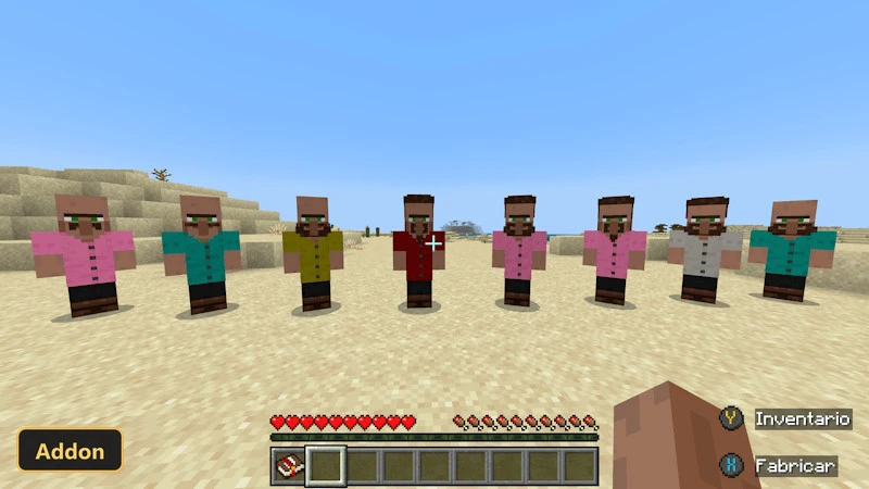 Line of seven villagers with different colored shirts in a desert biome
