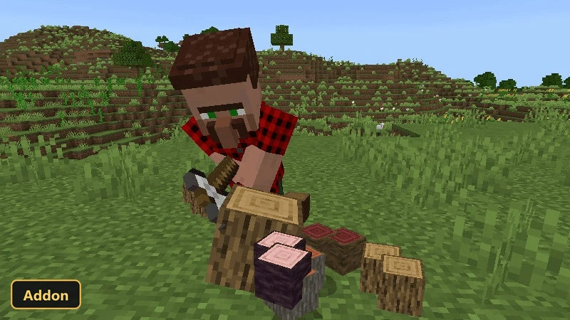 Villager chopping logs of various wood types in a grassy hilly biome