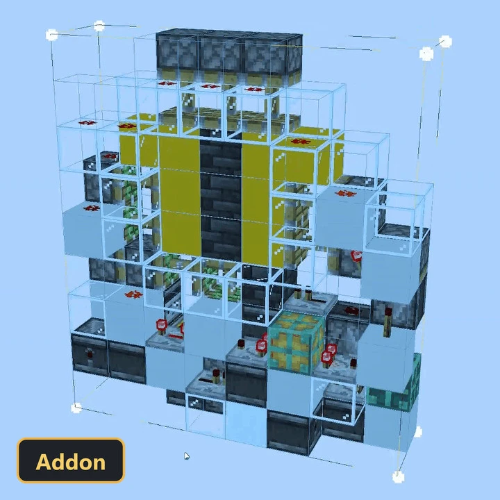 redstone contraption with pistons, observers, and hoppers, light blue background