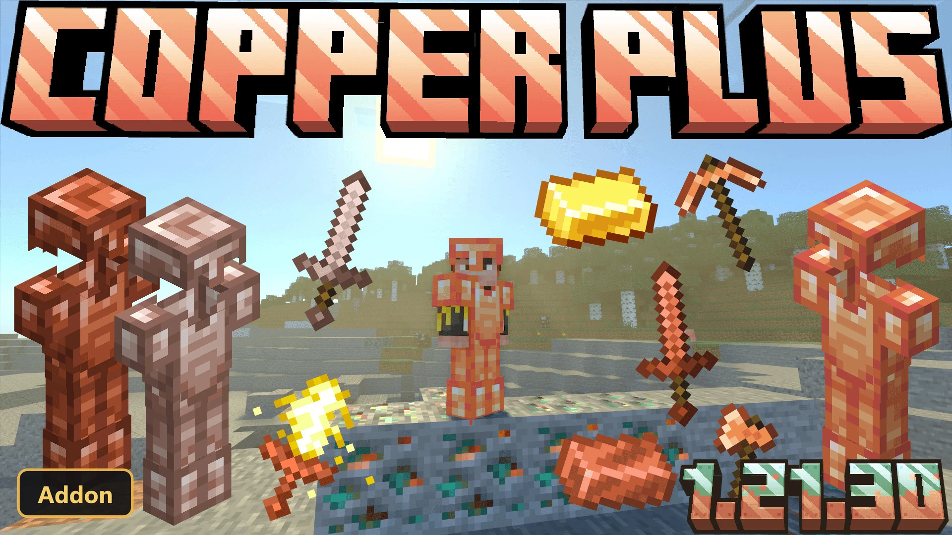 Copper-themed items, armor, and blocks in a sunny plains biome