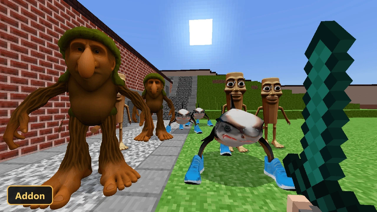 player with sword facing several custom mobs on grass path